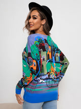Printed Round Neck Long Sleeve Loose Sweater