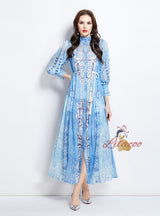 Retro Stand-up Button Printed Dress