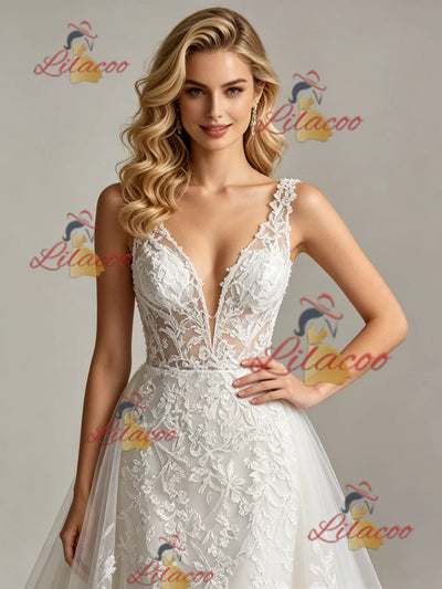 White Lace V-neck Wedding Dress