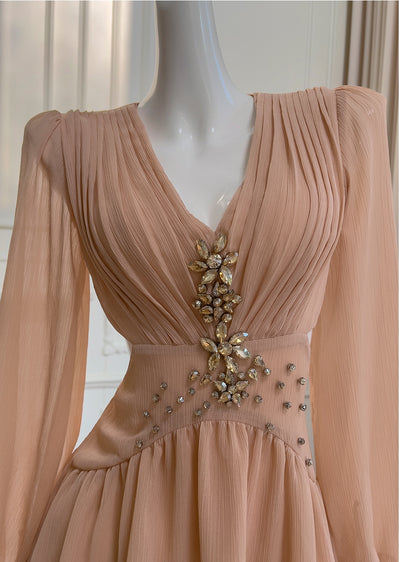 Champagne Long Sleeve V-neck Dress