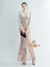 Velvet Sequins Long Sleeve V-neck Prom Dress