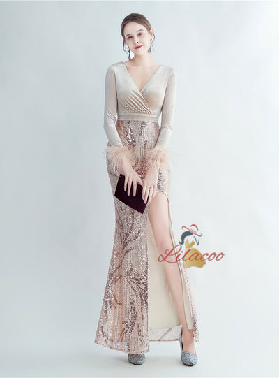 Velvet Sequins Long Sleeve V-neck Prom Dress