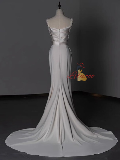White Satin Straps Beading Pleats Wedding Dress
