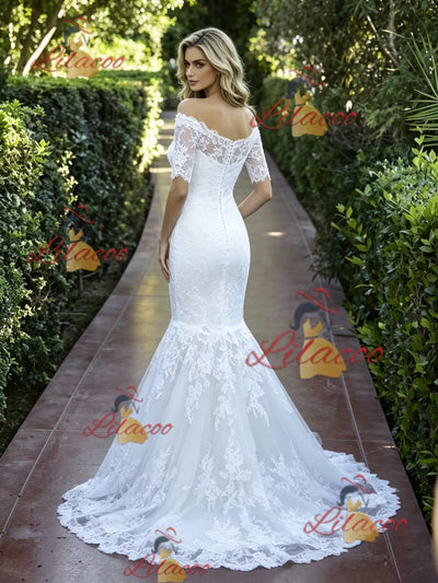 White Mermaid Lace Short Sleeve Wedidng Dress