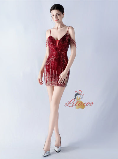 Spaghetti Straps Beading Mini Prom Dress