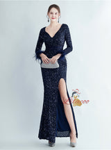 V-neck Long Sleeve Sequins Prom Dress