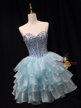 Blue Organza Crystal Strapless Homecoming Dress