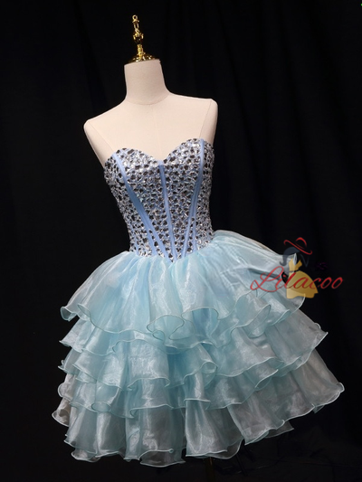 Blue Organza Crystal Strapless Homecoming Dress