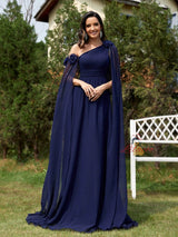 Dark Blue Chiffon One Shoulder Flower Prom Dress