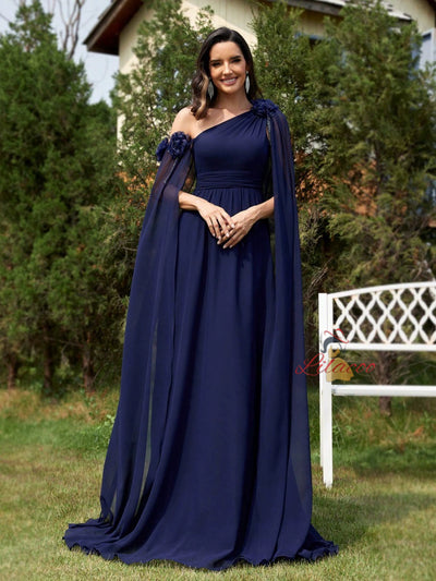 Dark Blue Chiffon One Shoulder Flower Prom Dress