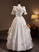 White Satin Lace Short Sleeve Bow Wedding Dress