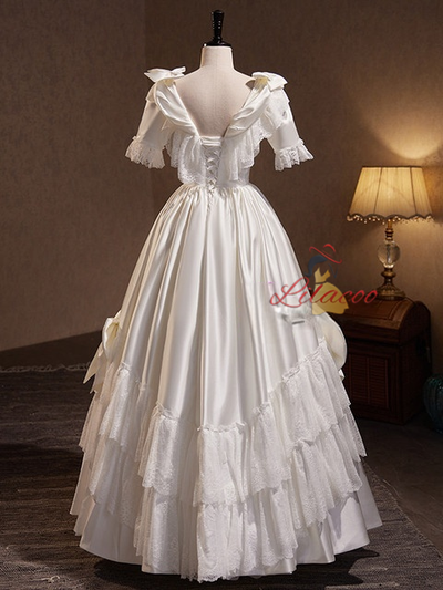 White Satin Lace Short Sleeve Bow Wedding Dress