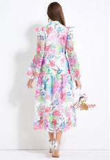 Printed Bubble Sleeve Long Dress
