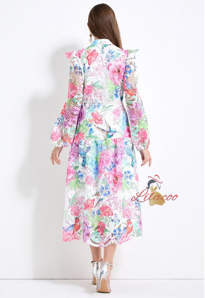 Printed Bubble Sleeve Long Dress