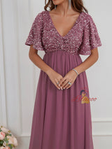 V-neck Sequined Chiffon Dress