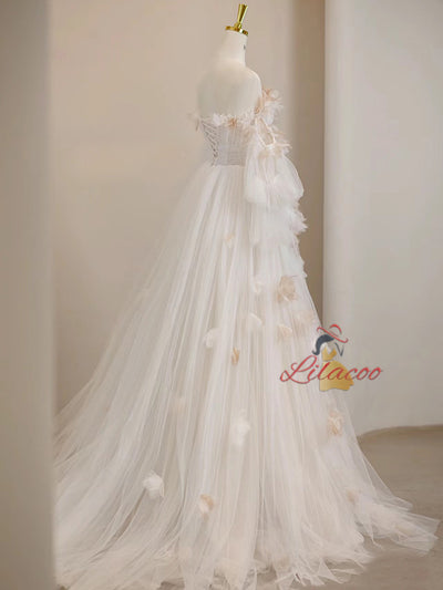 White Tulle Long Sleeve Pleats 3D Flower Prom Dress