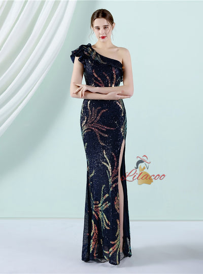 Sequins One Shoulder Split Prom Dress