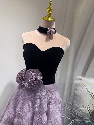 Purple Tulle Black Velvet Flower Prom Dress