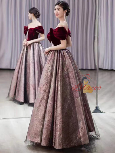 Burgundy Velvet Pleats Pearls Prom Dress
