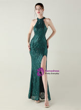 Halter Mermaid Sequins Backless Prom Dress