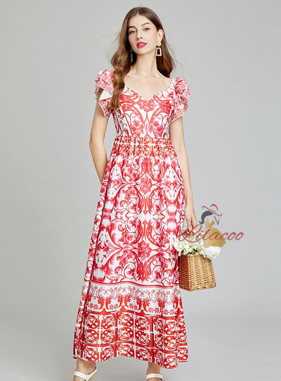Printed V-neck Big Swing Slim A-line Dress