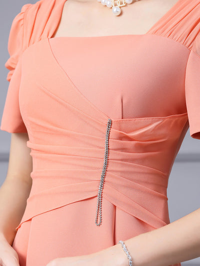 Orange Short Sleeve Pleats Mother Of The Bride Dress