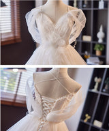 White Tulle Lace Pleats Wedding Dress