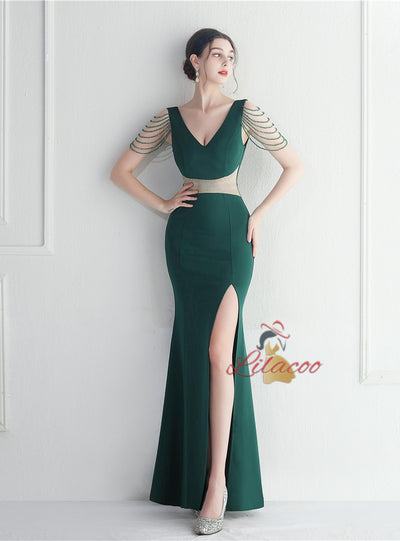 V-neck Mermaid Split Beading Prom Dress