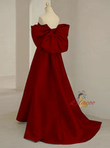 Burgundy Satin Off the Shoulder Bow Prom Dress