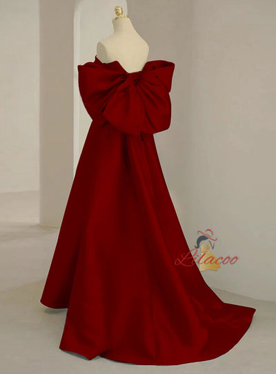 Burgundy Satin Off the Shoulder Bow Prom Dress