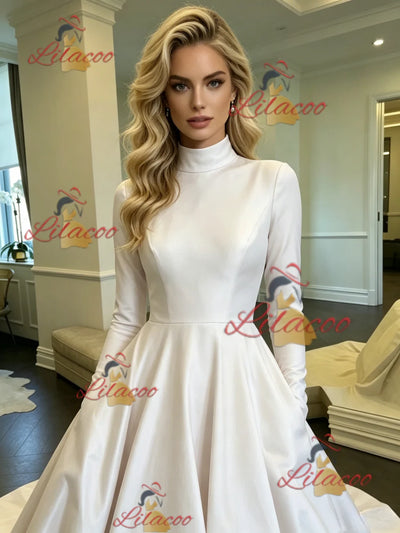 White Satin High Neck Long Sleeve Wedding Dress