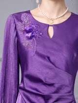 Purple Long Sleeve Appliques Mother of the Bride Dress