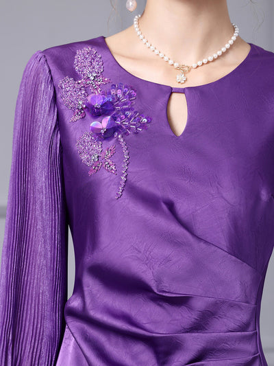Purple Long Sleeve Appliques Mother of the Bride Dress