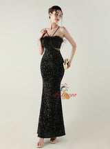 Black Sequins Spaghetti Straps Feather Prom Dress