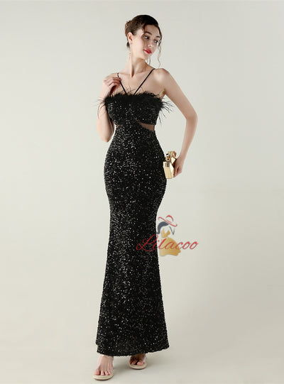 Black Sequins Spaghetti Straps Feather Prom Dress