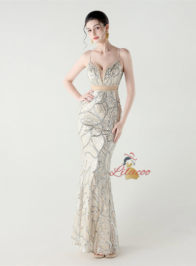 Mermaid Spaghetti Straps Sequins Beading Prom Dress