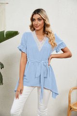 Solid Color Jacquard V-neck Loose Lace Chiffon Top