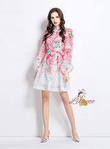 Flower Print Short Long Sleeve Dress