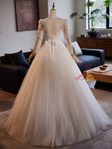White Long Sleeve Tulle Lace Wedding Dress