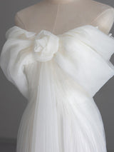 White Tulle Off the Shoulder Pleats Wedding Dress