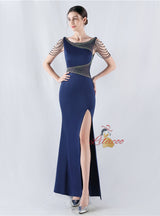Scoop Neck Beading Split Prom Dress