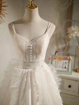 White Tulle Lace Spaghetti Straps Button Homecoming Dress
