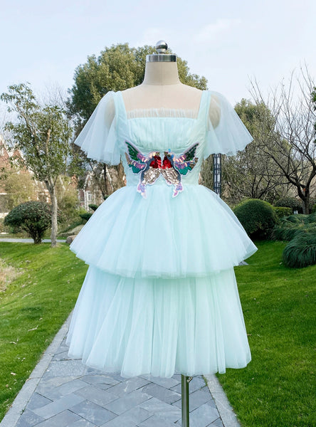 Green Tulle Square Neck Sequins Prom Dress