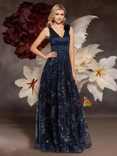 Navy Blue Sequins V-neck Prom Dress