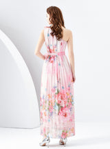 One-shoulder Pleated Wooden Ear Printed Dress