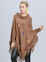 Warm Flower Embroidered Fringed Fur Collar Shawl
