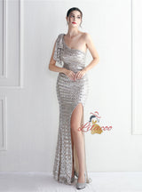 Mermaid Sequins One Shoulder Split Prom Dress