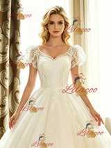 White Lace V-neck Cap Sleeve Wedding Dress