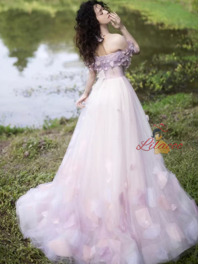 Purple Tulle 3D Flower See Through Prom Dress