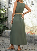 Split Solid Color Sleeveless Round Neck Long Dress